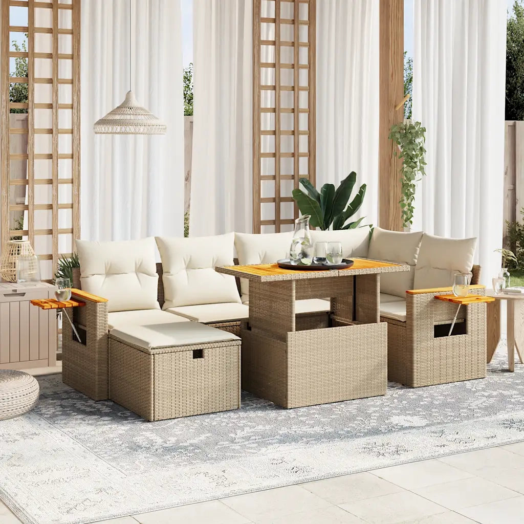Set Divani da Giardino 7 pz con Cuscini Beige in Polyrattan