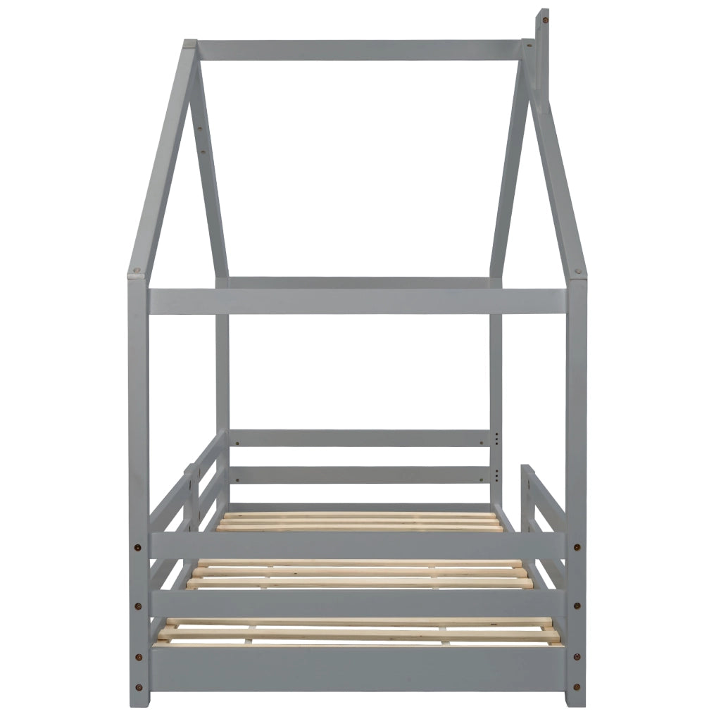 Letto Casetta Letto Singolo 90×200 cm con Sponde di Sicurezza e Tetto con Camino; senza Materasso; Grigio