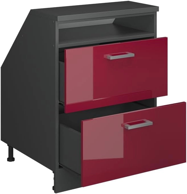 Mobile sottotetto Rion, Rosso lucido, 60 x 81.6 cm con 2 cassetti, carcassa 60 cm profondità, adatto per il salvaspazio sotto tetti spioventi