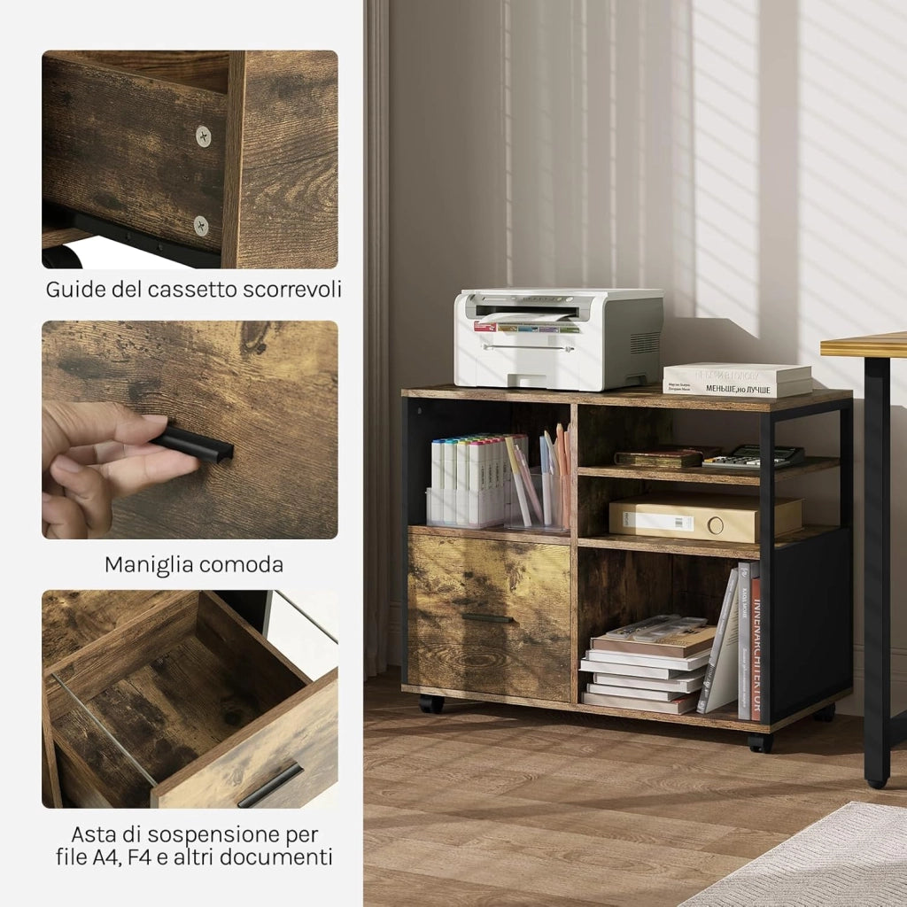 Schedario da Ufficio con 4 Scomparti a Giorno, Mobile da Ufficio per Documenti con Ruote, Mobile Vintage per Stampante con 1 Cassetto, in Legno e Metallo, Marrone Rustico e Nero, ASK05hov