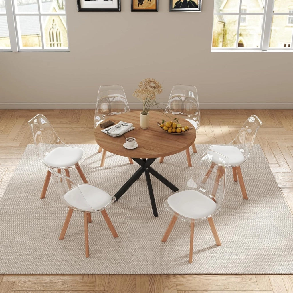 GrandCA HOME Tavolo da Pranzo con 4 Sedie, Tavolo da Pranzo Rotondo da 100 CM, Sedia da Cucina Imbottita Trasparente, Set Tavolo da Pranzo e Sedie (Travertino Giallo + Grigio)