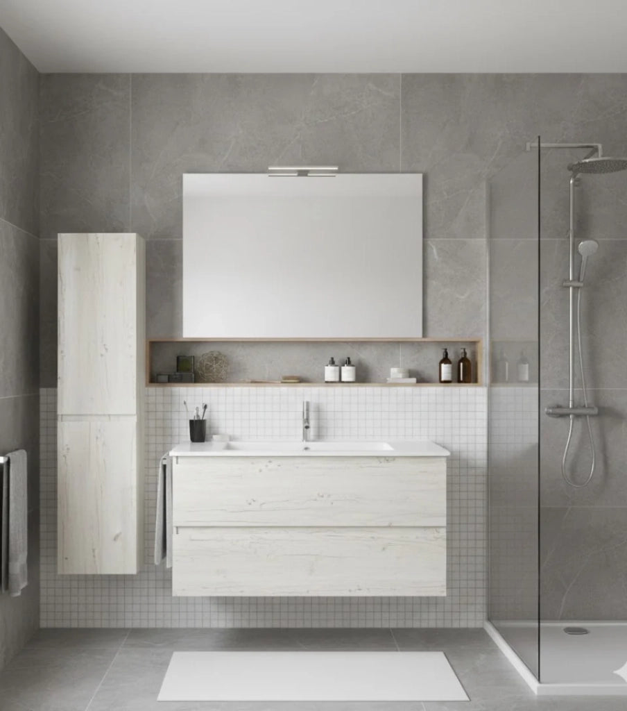 Mobile Bagno LOKI Già Montato 2 cassetti con piedini, lavabo e specchio Bianco nordico 70x40 cm con colonna