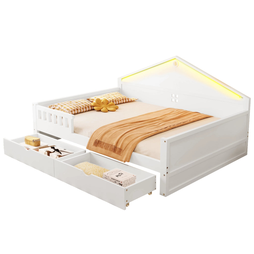DESMIU Letto divano 2 posti con 2 cassetti e LED regolabile 140 × 200 cm, senza materasso, in legno massello e MDF, bianco