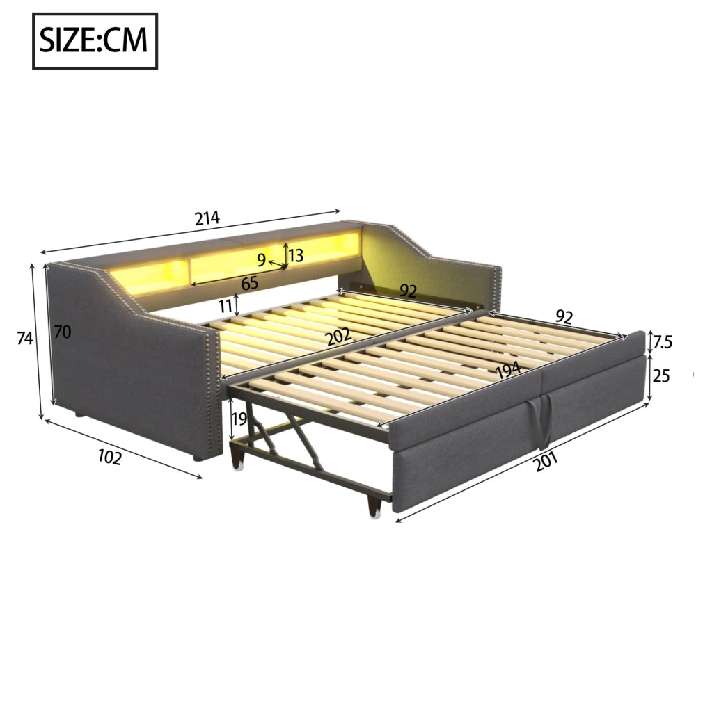 Divano letto imbottito estraibile 90/180 x 200 cm in tessuto grigio scuro con USB e LED