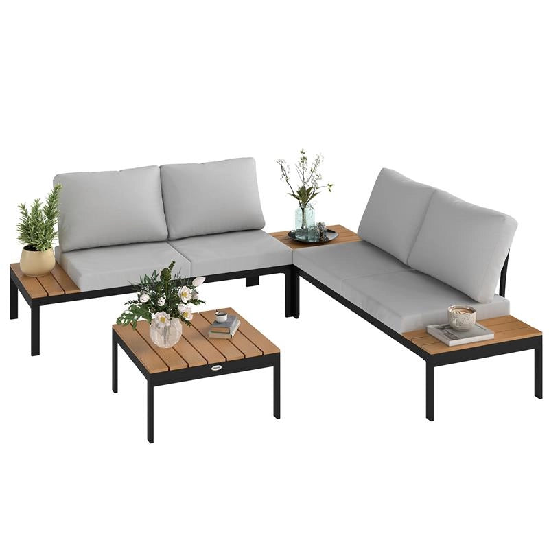 SET DA GIARDINO 4 PEZZI CON 2 DIVANETTI 2 POSTI E 2 TAVOLINI IN METALLO E LEGNO COMPOSITO GRIGIO NERO E TEAK