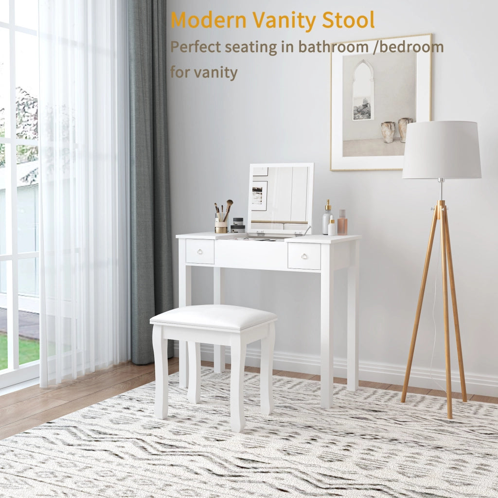 Pouf da camera Sgabello trucco con gambe in legno massiccio e piedini antiscivolo, Bianco