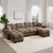 Divano modulare a U 4 posti con 2 pouf mobili in chenille; 330x149x90 cm; marrone