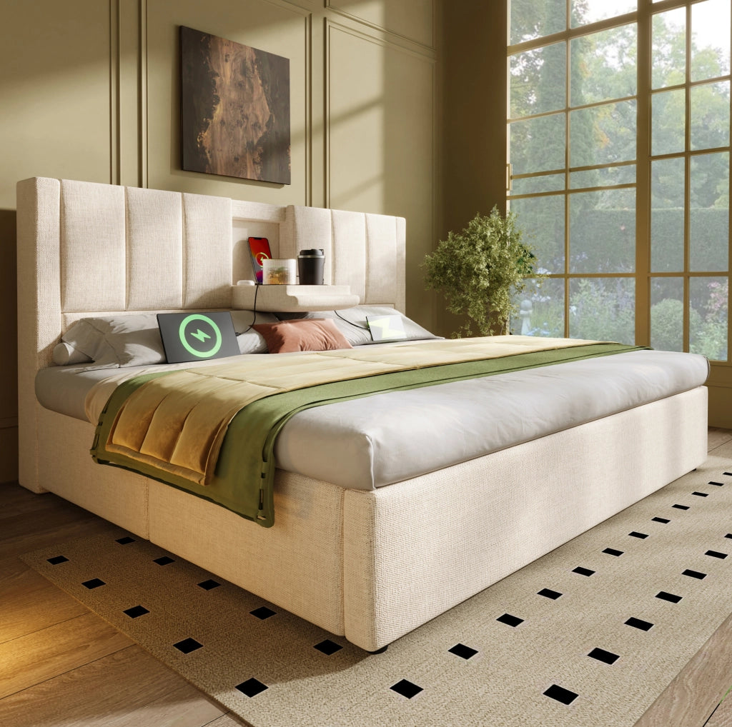 Letto imbottito 140x190 cm con contenitore e ricarica USB-C