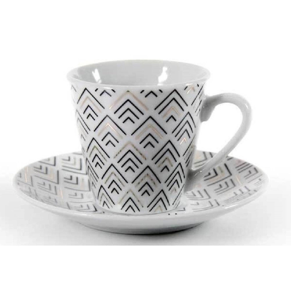 Trade Shop - Set 6 Pz Tazzine Caffè Con 6 Piattini Bianco Deco In Porcellana Decorate 780776 -