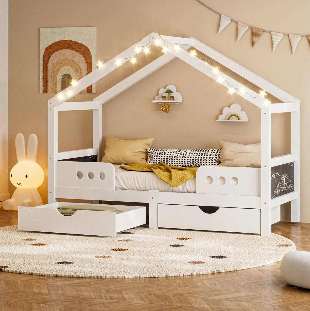 Letto per bambini 90x200 cm con tetto; 2 cassetti e lavagna in legno; bianco