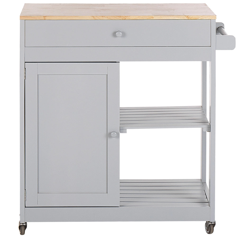 Carrello da cucina MDF grigio legno di gomma 75 x 43 x 87 cm armadio porta asciugamani 2 ripiani posate cassetto ruote