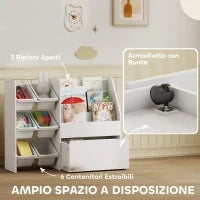 Scaffale Portagiochi con 6 Cesti, 3 Ripiani e Box Inferiore, in Legno, Plastica e Acciaio, 100x30x80 cm, Bianco