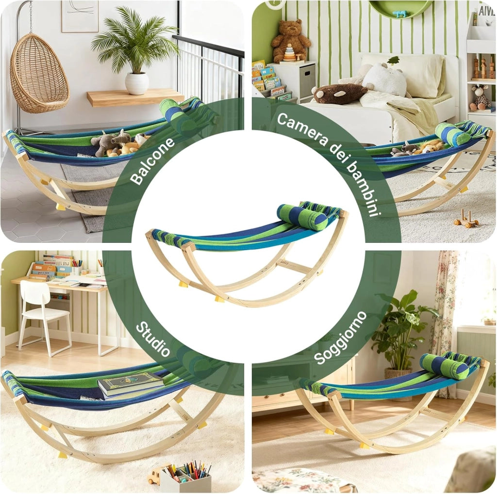 Amaca da Giardino Sdraio a Dondolo per Bambini Poltroncina per Bambini Lettino Prendisole in Legno con Dispositivi di Sicurezza per Cameretta o Giardino 122x36x48cm KMB16-J