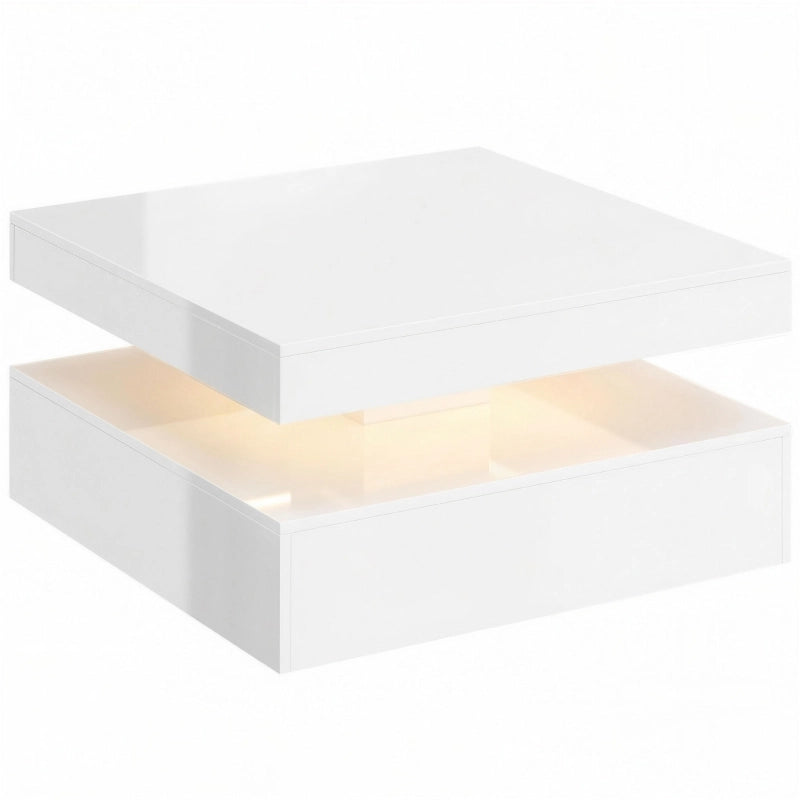 TAVOLINO Caffè LED 78x78 cm Bianco lucido con ripiano aperto