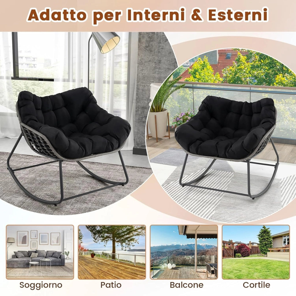 Sedia a Dondolo da Esterno, Poltrona in PE Vimini con Cuscino Rimovibile, Poltrona Relax in Rattan con Struttura in Metallo, per Soggiorno, Balcone, Giardino, Portata 150 kg (Nero)