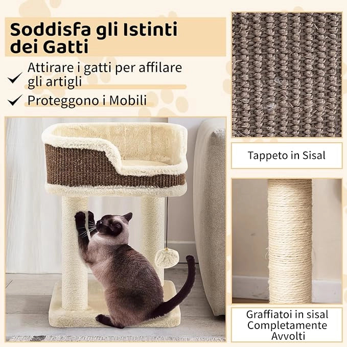 Albero per Gatti 38 x 38,5 x 51 cm, Torre per Gatti con Posatoio in Peluche, Pali Graffianti in Sisal e Palla Pendente, Centro Attività Moderno per Animali Domestici (Beige)