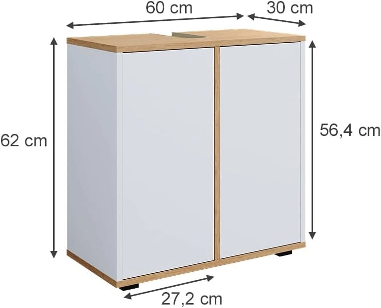 Mobile sottolavabo per bagno Didi, Bianco/Artisan, 60 x 62 cm con 2 porte, per la conservazione di articoli da bagno e prodotti per la cura personale