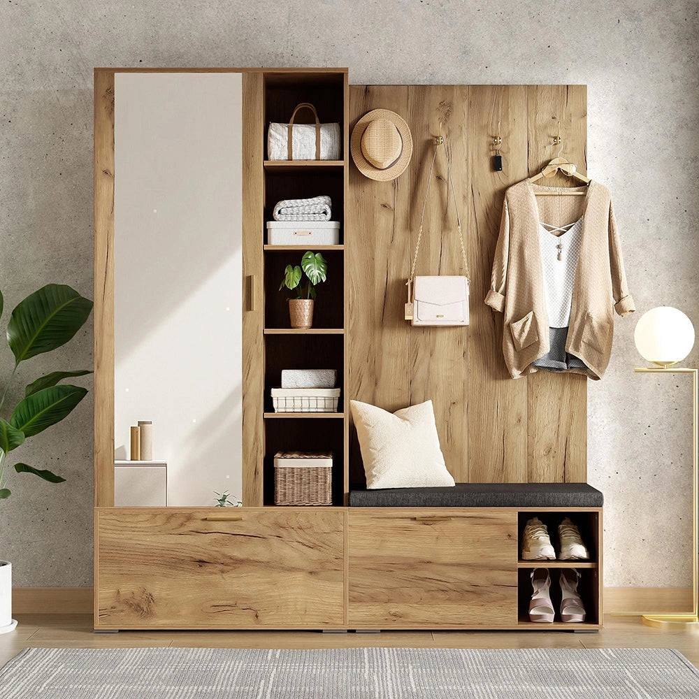 Complesso guardaroba - Xylo - 160¡Á38¡Á180cm - Colore legno - Specchio e panca