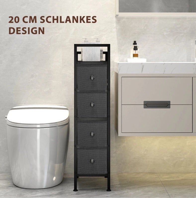 Cassettiera stretta nera 20x43x81,5 cm con 4 cassetti in tessuto
