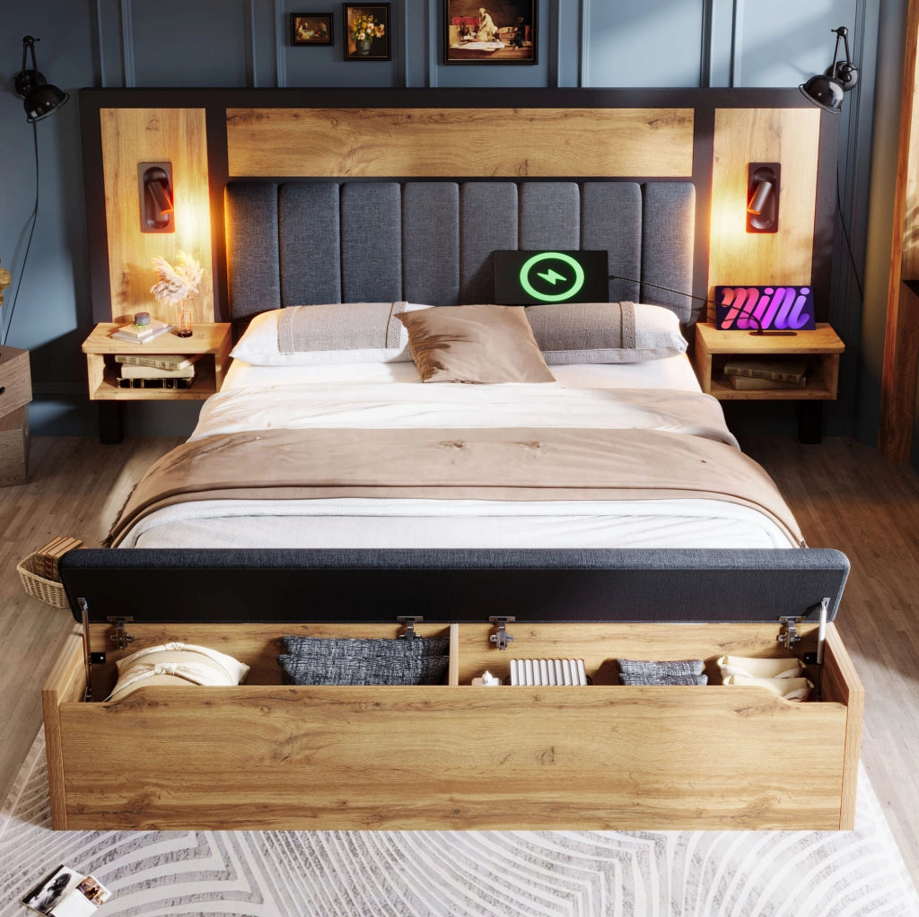 Letto matrimoniale 180x200 cm con luci da lettura; USB C e panca contenitore; rovere