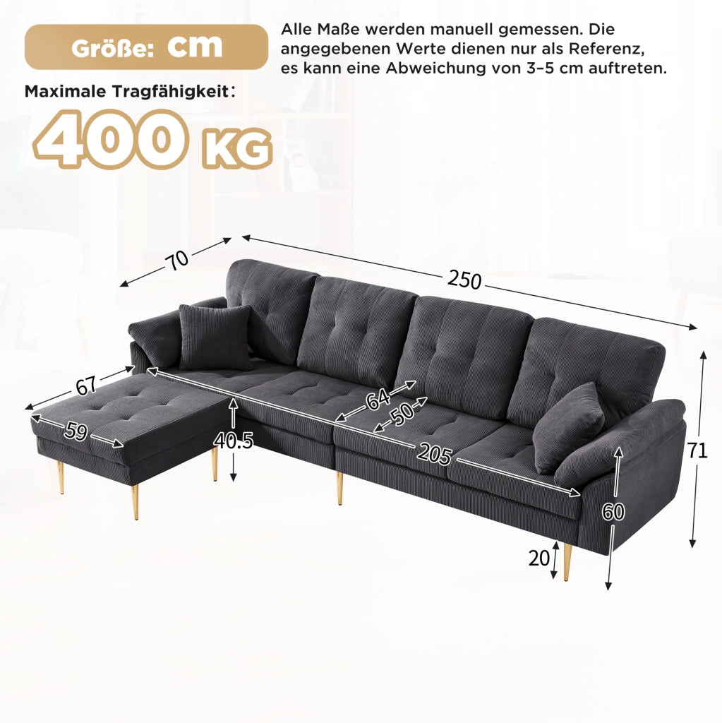 Divano 4 posti con pouf separato modulabile in velluto a coste grigio scuro