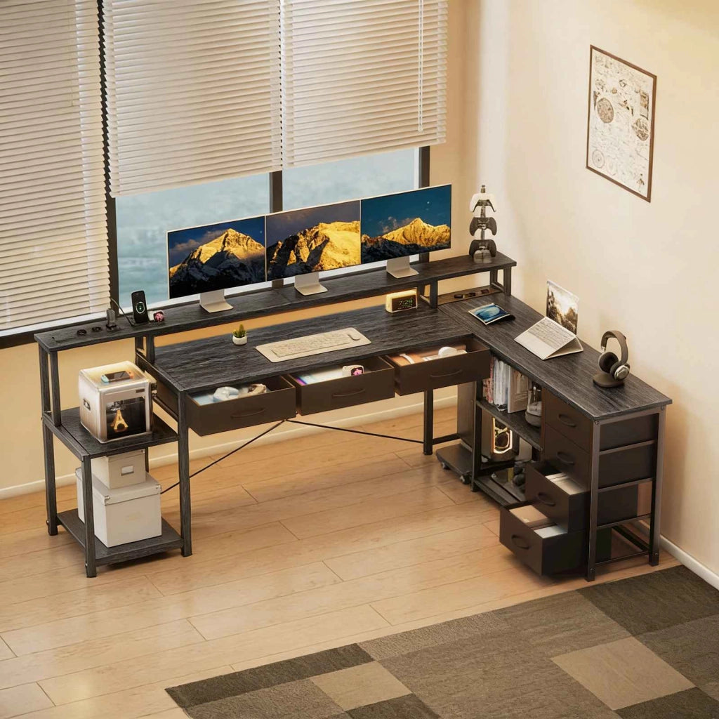 Scrivania per computer a L, scrivania da gaming, con cassetti, prese di corrente integrate, luci d'atmosfera, grigia