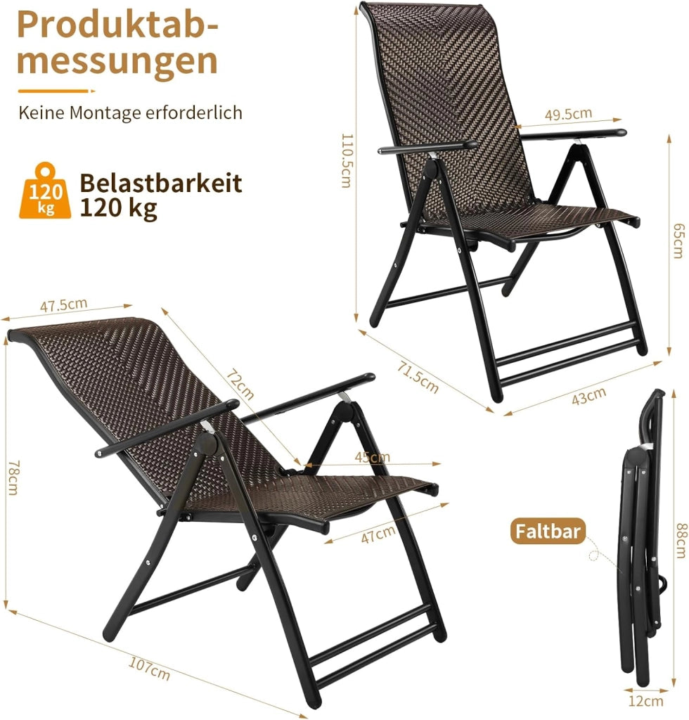2 sedie a sdraio in rattan, con schienale regolabile in 7 posizioni, sedie pieghevoli resistenti alle intemperie, traspiranti, per balcone, giardino e terrazza