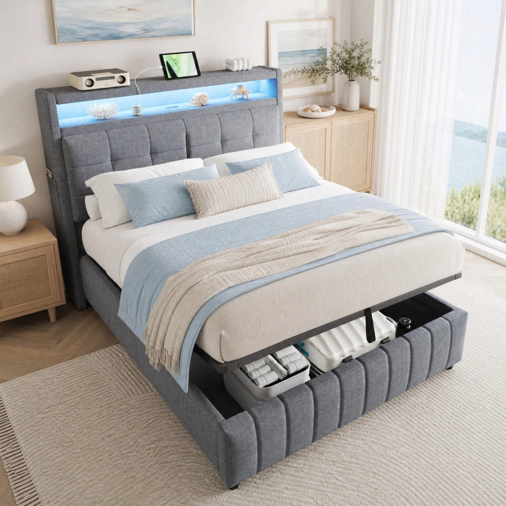 Letto matrimoniale imbottito 140x200 cm con LED e USB grigio