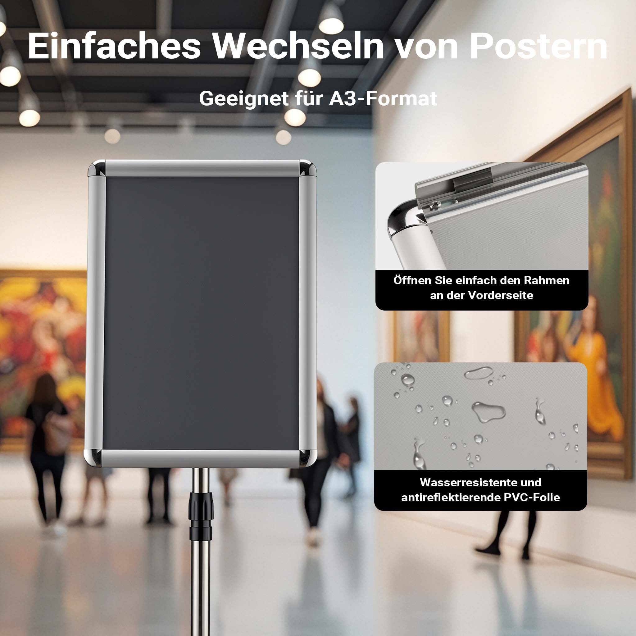 Espositore per poster, pubblicità, menù in A3, altezza regolabile 88-138 cm, supporto per presentazioni, stand, piedistallo in alluminio e acciaio
