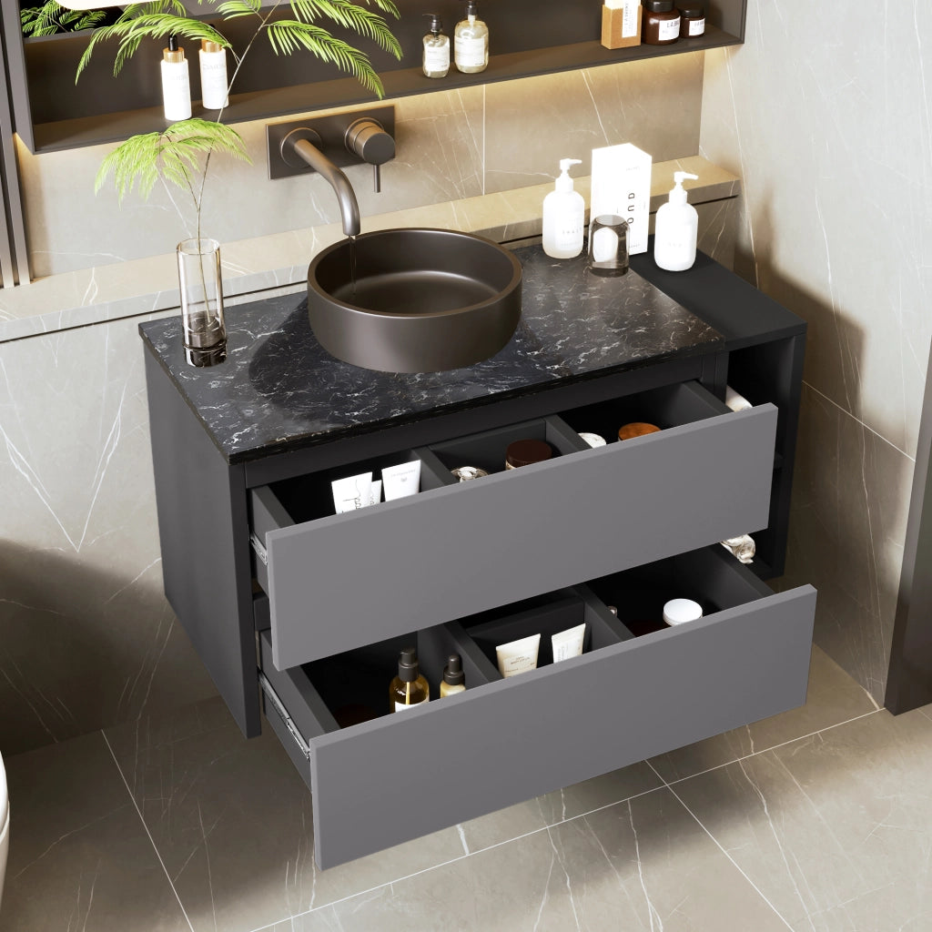 Mobile sottolavabo sospeso con cassetti e lavabo rotondo - per bagno - MDF - nero e grigio