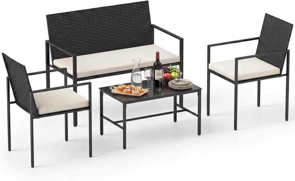 Set di Salotto da Giardino a 4 Pezzi, Poltrone e Divano per Esterno in Rattan con Tavolino da Caffè in Vetro Temperato e Cuscini Morbidi, Set di Conversazione per Cortile e Balcone (Grigio)