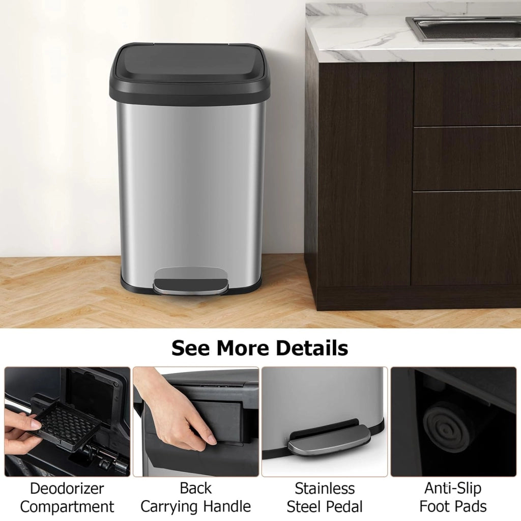Pattumiera da Cucina da 50 L, con Coperchio e Pedale, in Acciaio Inox e Plastica, con Scomparto per Deodorazione, 41 x 39 x 61 cm (Argento, 50L)