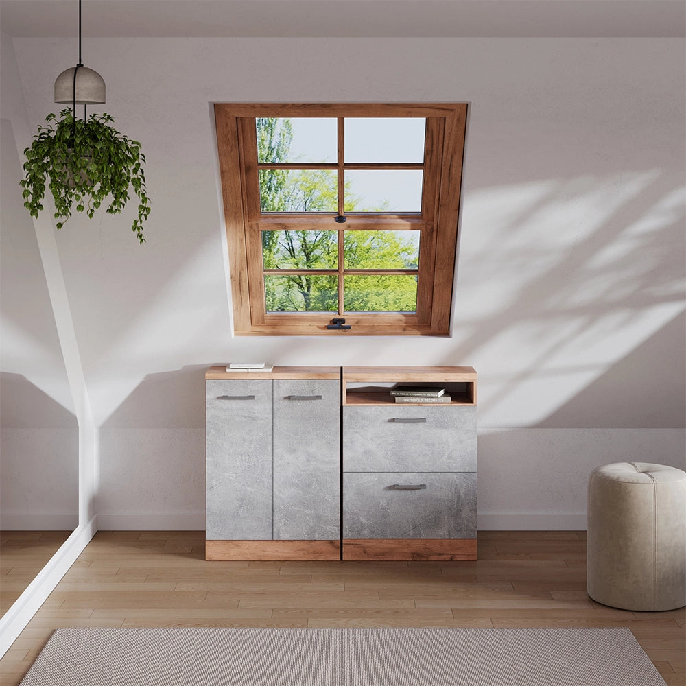 Set di mobili sottotetto Rion Calcestruzzo/Rovere dorato 120 cm Set di 2 carcasse armadio profondità 60 cm Vicco
