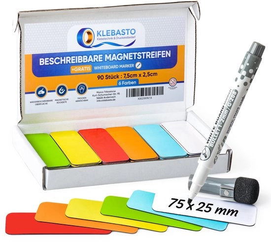 Strisce adesive magnetiche descrittive | Banchi magnetici per etichettatura | Magnetici descrittivi per lavagne bianche, frigoriferi, banchi magnetici, Kanban (mix (6 colori), 75 mm x 25 mm)