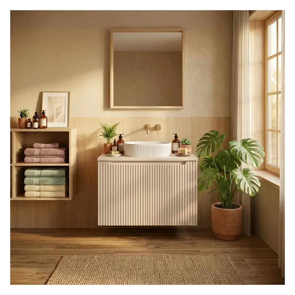 Set VANO cachemire opaco 80 cm: mobile sottolavabo con ante + top per lavabo + lavabo da appoggio bianco scanalato