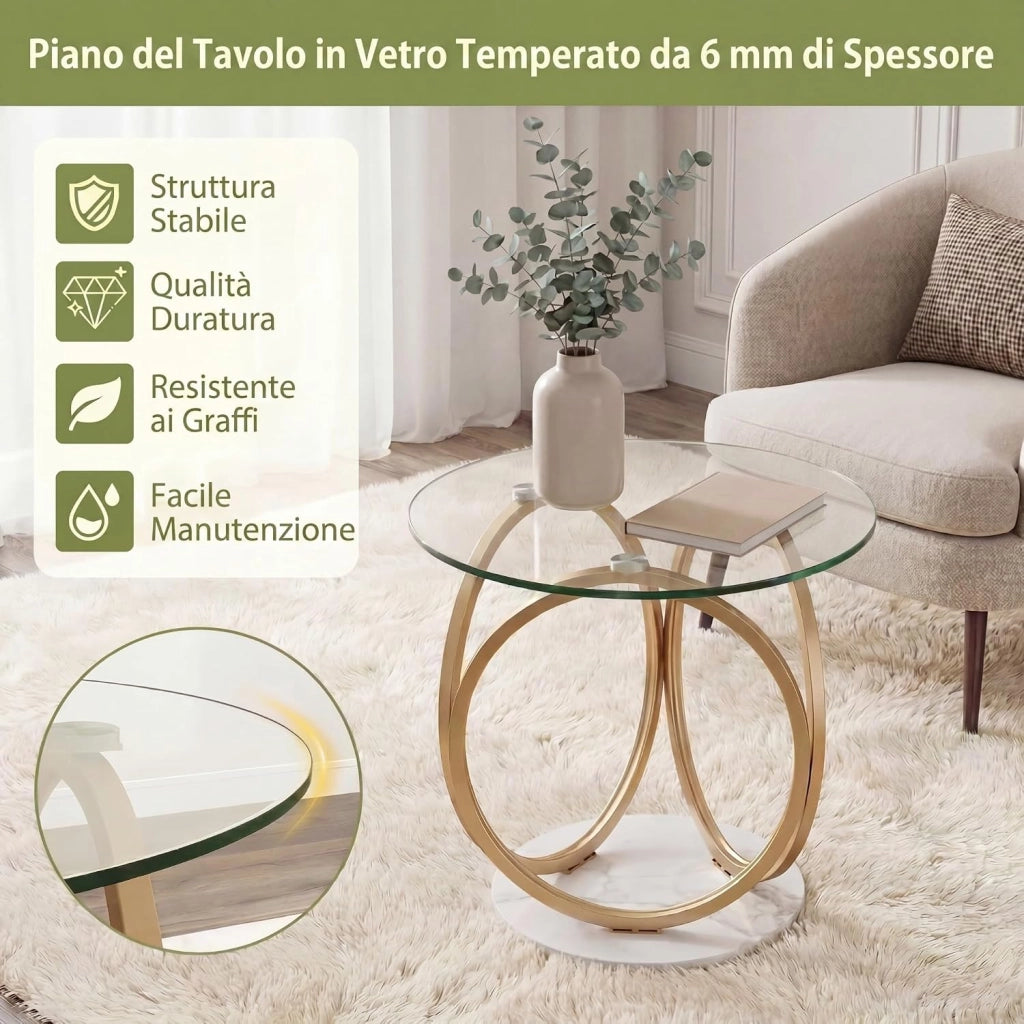 Tavolino da Caffè in Vetro Temperato, Tavolino Rotondo con Struttura in Metallo Dorato e Geometrico, Tavolino Moderno per Salotto, Camera, Cucina e Sala da Pranzo, Portata 30 KG