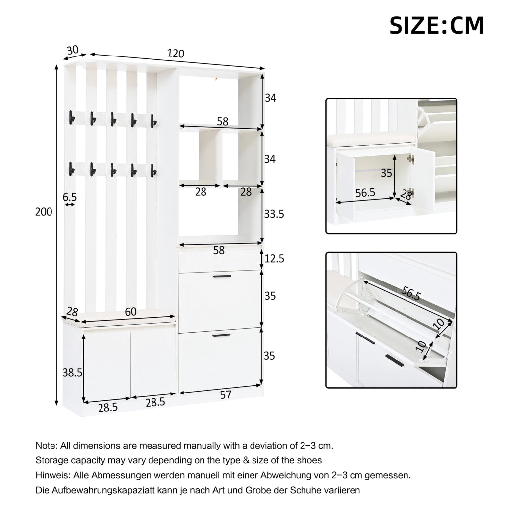 Guardaroba da ingresso 120x30x200 cm con panca imbottita e 10 ganci in MDF bianco