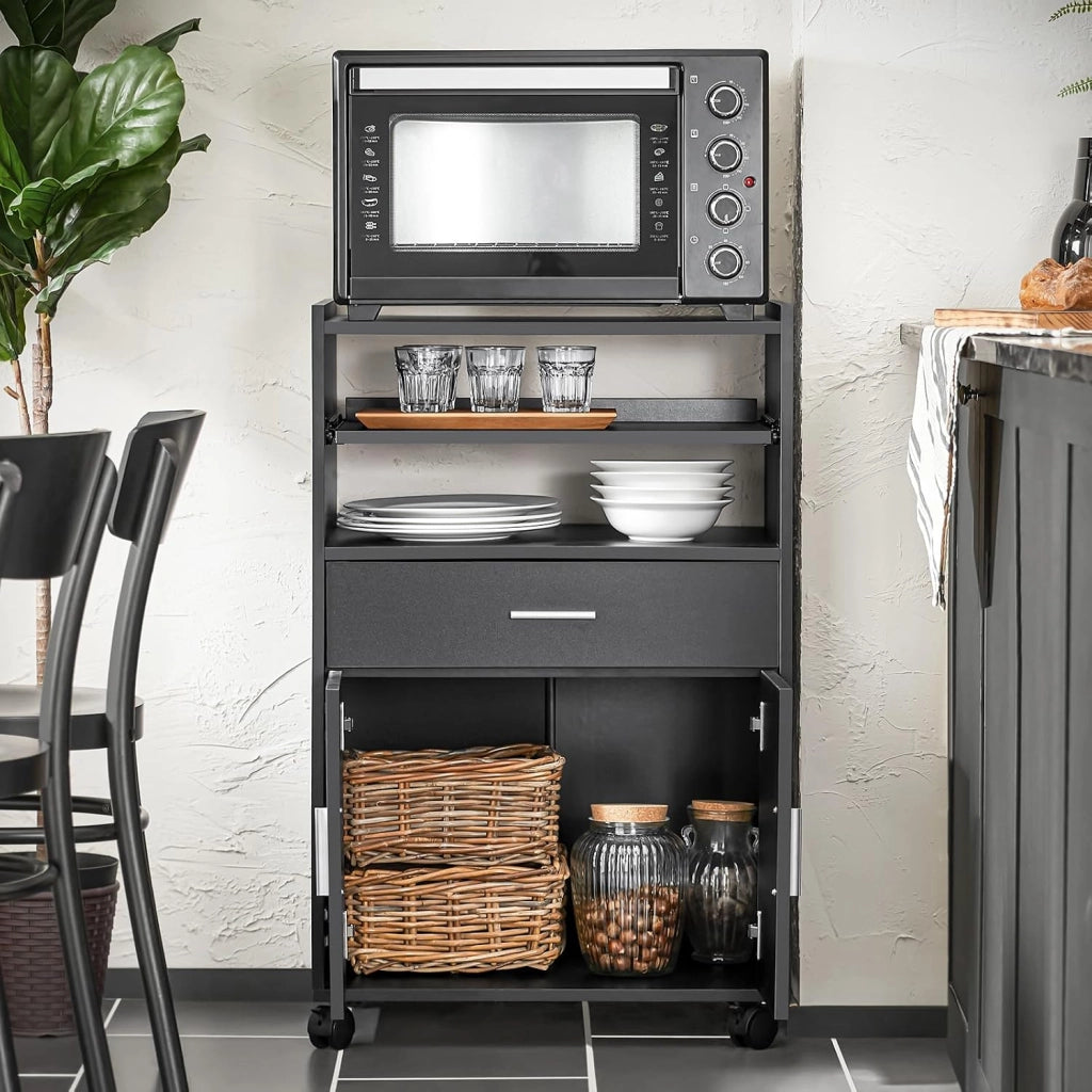 Mobiletto Cucina con Ruote e Piano Estraibile – Mobile Cucina Salvaspazio con Cassetto e Ante, Credenza Cucina, Carrello Cucina per Microonde, Ufficio o Sala da Pranzo Nero 59×40×92 cm FSB09-SCH