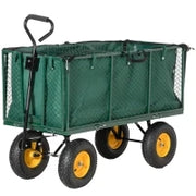 Carrello da Giardino in Acciaio con Pareti Laterali Ribaltabili e 4 Ruote, Capienza 342L, Verde