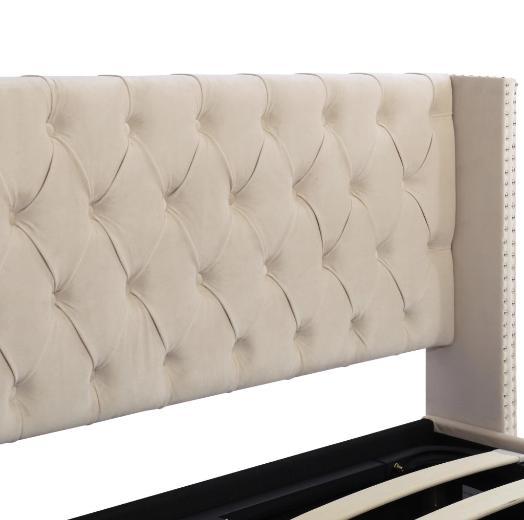 Letto imbottito Chesterfield con contenitore 140x190 in velluto beige