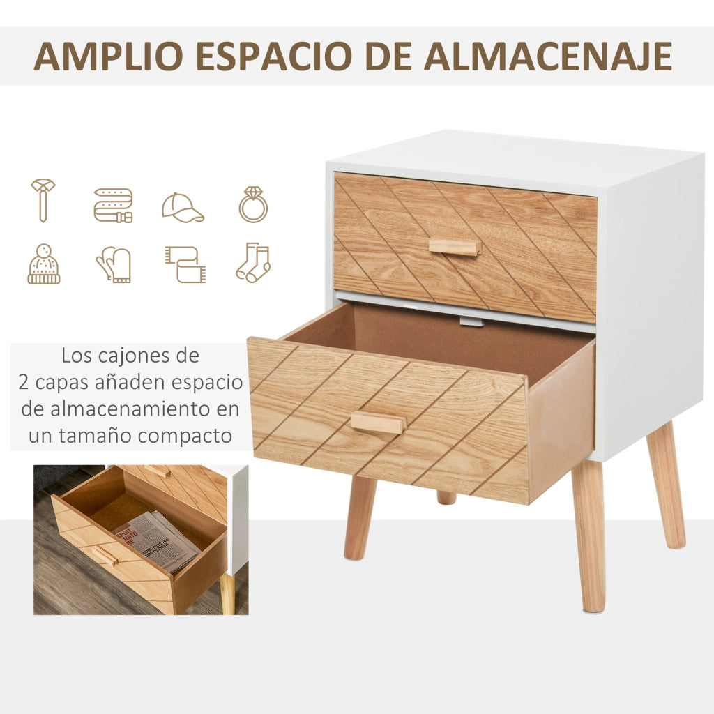 Comodino con 2 Cassetti ¨C Zephmum ¨C 40x30x55,5 cm Bianco e Naturale