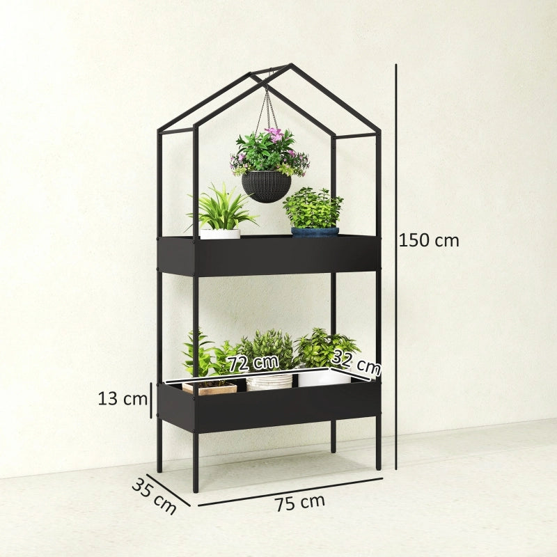 PORTAFIORI a 2 livelli 75x35x150 cm metallo nero con ganci