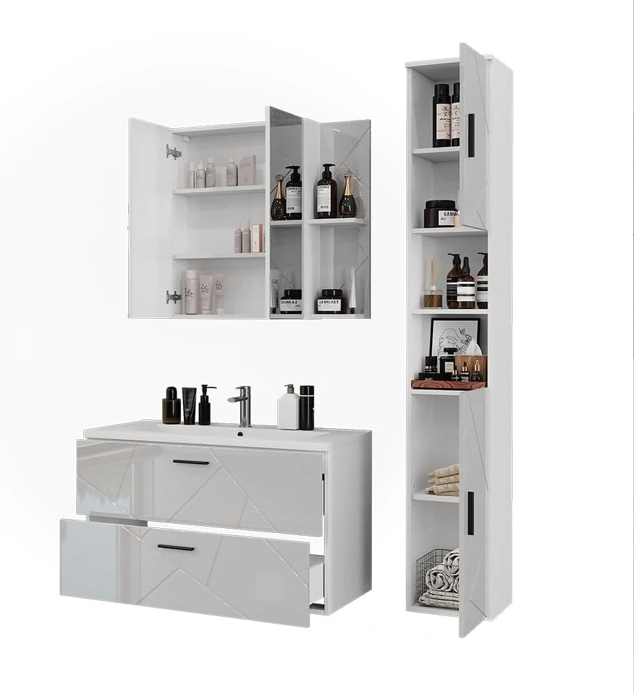 Set di mobili da bagno Irma, Bianco/bianco lucido, 100 cm, composto da mobile sottolavabo con lavabo, armadio alto e specchio da bagno