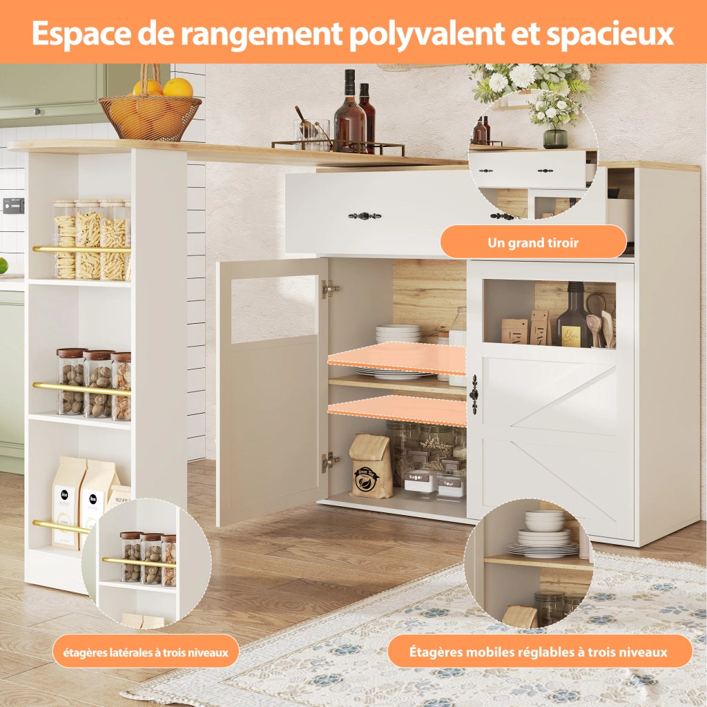 Tavolo Bar Estensibile con 1 Cassetto; 3 Ripiani e Rotazione a 360°; in MDF; Bianco; 138-204 x 39 x 104 cm