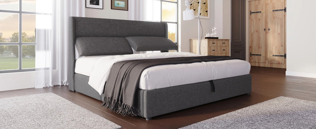 Letto matrimoniale 160 × 200 cm con contenitore, testiera regolabile e materasso incluso, in lino, grigio
