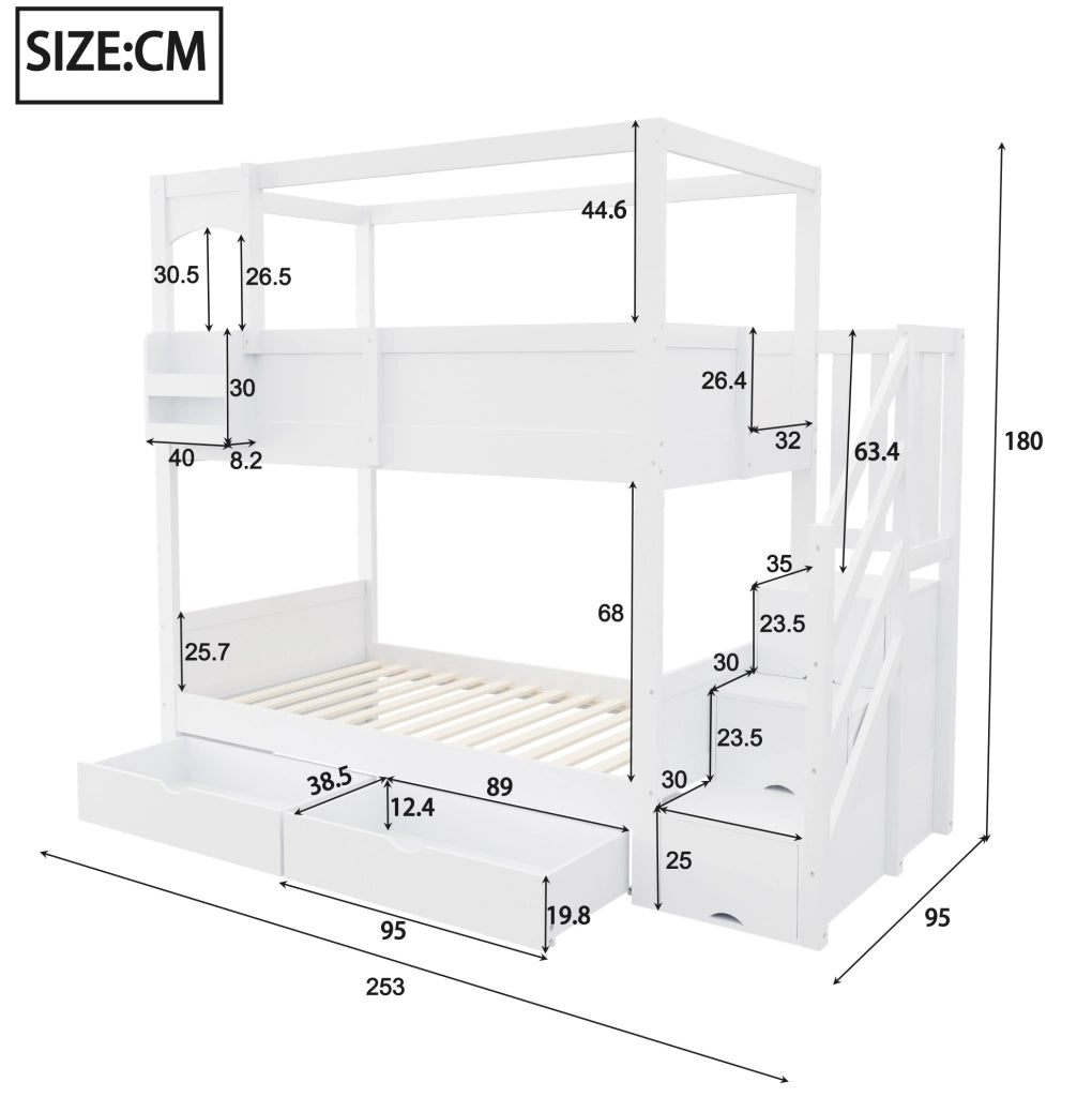 Letto a castello per bambini 90x200 cm con scala contenitore; cassetti e lavagna; bianco