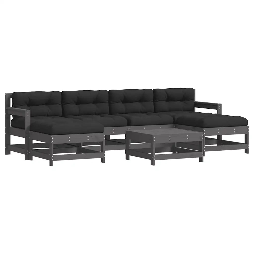 Set Divani da Giardino 7pz con Cuscini in Legno Massello Grigio