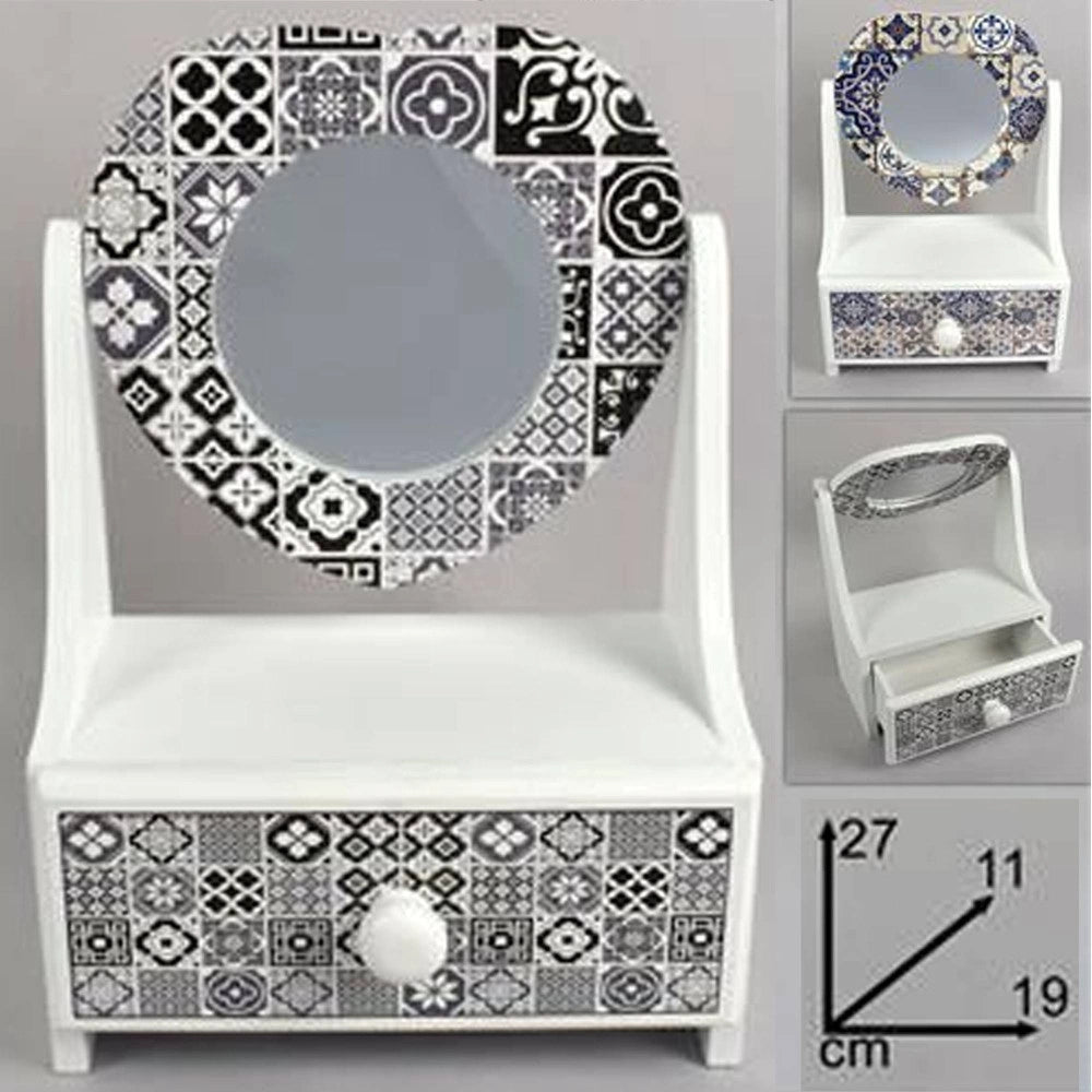 Trade Shop - Porta Oggetti Cassettiera Con Specchio A Cuore In Legno Country Chic Arredamento -