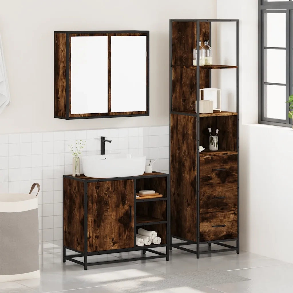 Set Mobili da Bagno 3 pz Rovere Fumo in Legno Multistrato 3301147
