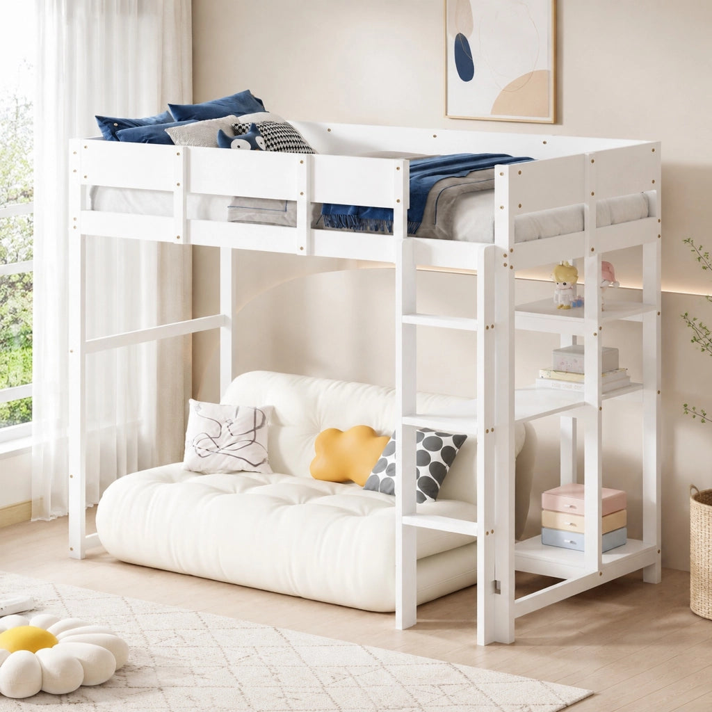 Letto a soppalco con ripiano 90 x 200 cm in legno massiccio di pino; bianco